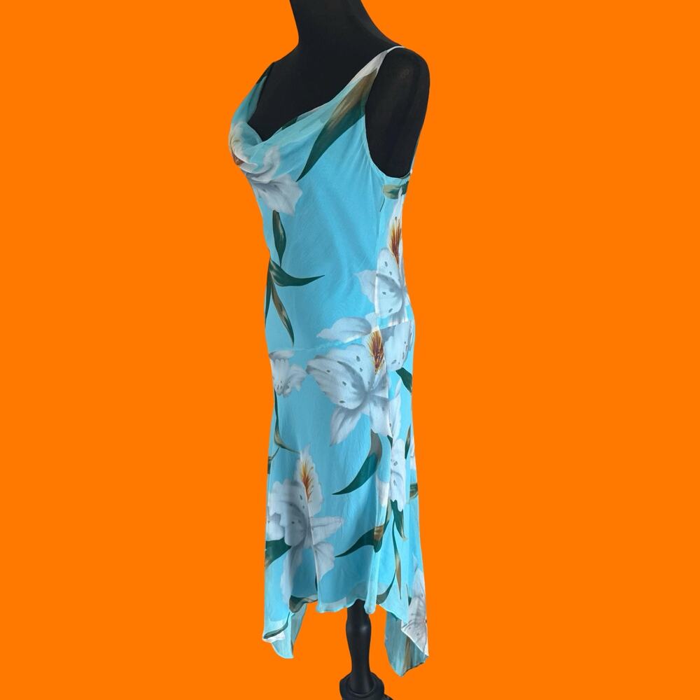 00's vintage floral 100% silk cowl neck asymmetrical y2k dress Size 6 - Picture 6 of 9